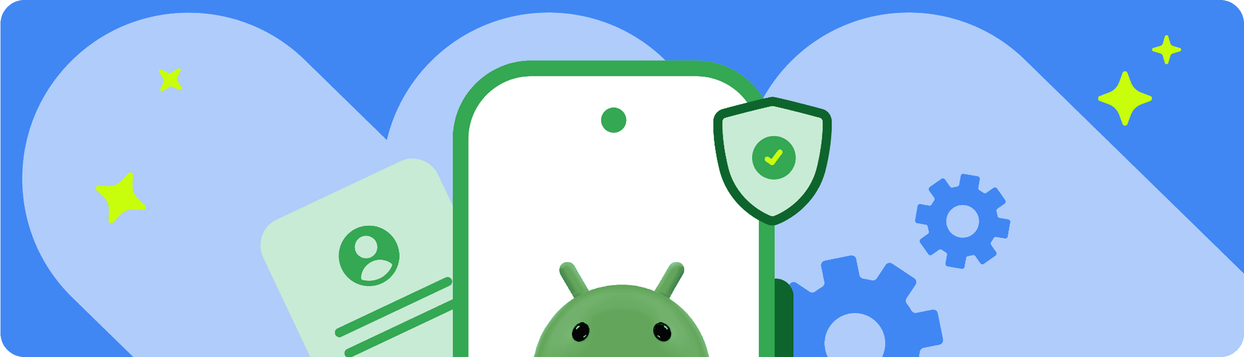 Android developer verification illustration showing a phone, identity card, shield and settings gears