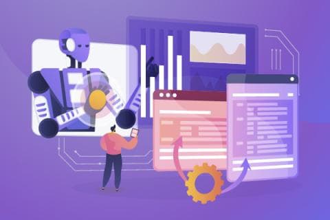 European Commission illustration of a person reviewing AI interfaces, data charts and code
